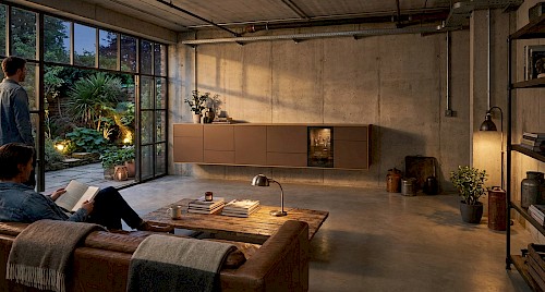 Anrei Puro Wohnwand mit Sideboard und Vitrine in Asteiche und Farbglas