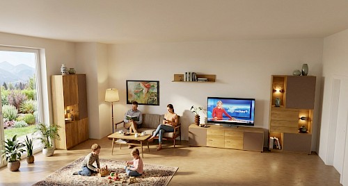 Anrei Puro Wohnwand mit Sideboard und Vitrine in Asteiche und Farbglas