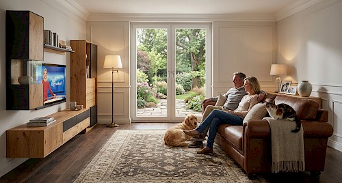 Anrei Puro Wohnwand mit Sideboard und Vitrine in Asteiche und Farbglas