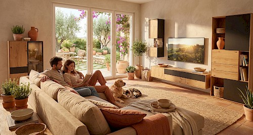 Anrei Puro Wohnwand mit Sideboard und Vitrine in Asteiche und Farbglas