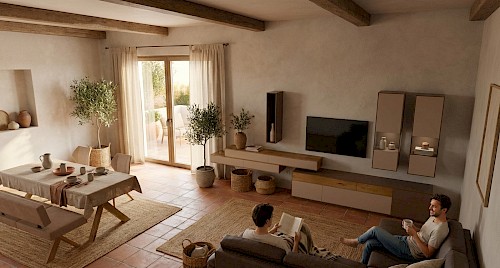 Anrei Puro Wohnwand mit Sideboard und Vitrine in Asteiche und Farbglas