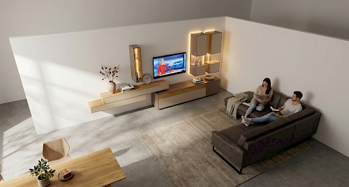 Anrei Puro Wohnwand mit Sideboard und Vitrine in Asteiche und Farbglas