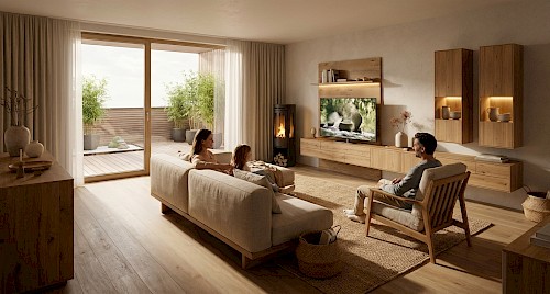 Anrei Puro Wohnwand mit Sideboard und Vitrine in Asteiche und Farbglas