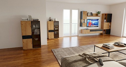 Anrei Puro Wohnwand mit Sideboard und Vitrine in Asteiche und Farbglas