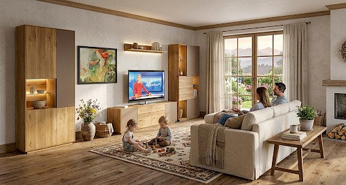 Anrei Puro Wohnwand mit Sideboard und Vitrine in Asteiche und Farbglas