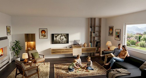 Anrei Puro Wohnwand mit Sideboard und Vitrine in Asteiche und Farbglas