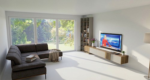 Anrei Puro Wohnwand mit Sideboard und Vitrine in Asteiche und Farbglas