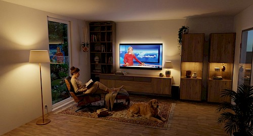 Anrei Puro Wohnwand mit Sideboard und Vitrine in Asteiche und Farbglas