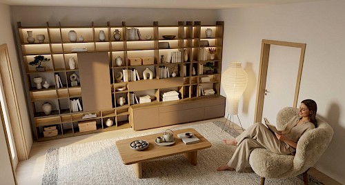 Anrei Puro Wohnwand mit Sideboard und Vitrine in Asteiche und Farbglas