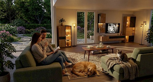 Anrei Puro Wohnwand mit Sideboard und Vitrine in Asteiche und Farbglas